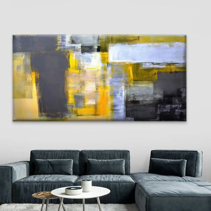 Geometric Abstract Yellow Grey Wall Art Canvas Office Home Room Framed 120x60cm