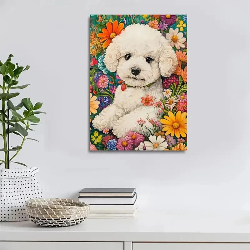 Cute Bichon Frise Dog with Vibrant Flowers Painting 40x60cm Metal Print Ready to Hang - Bella Home Decor