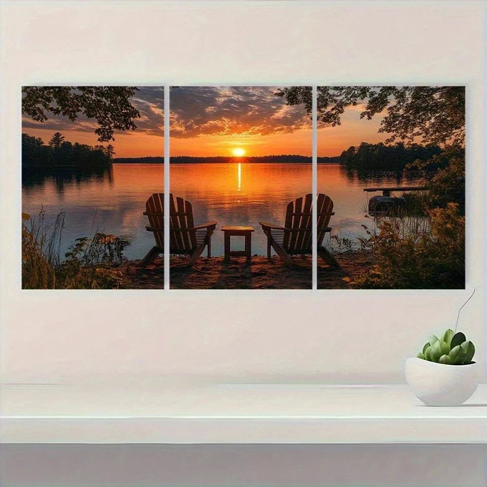 3pcs Lake House Sunset Themed Metal Print Ready to Hang Art - Bella Home Decor