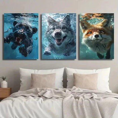 3pcs Swimming Underwater Black Panther Wolf Fox Wall Art Set Canvas Unframed - High Quality Print 100% Australian Made Wall Canvas