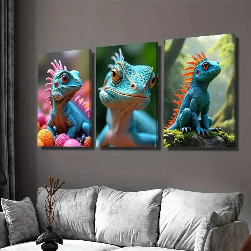 3pcs Vibrant Lizard Triptych Colorful Reptile Wall Art Set Canvas Framed 50x70cm - High Quality Print 100% Australian Made Wall Canvas Ready to Hang