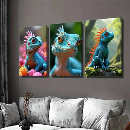 3pcs Vibrant Lizard Triptych Colorful Reptile Wall Art Set Canvas Framed 50x70cm - High Quality Print 100% Australian Made Wall Canvas Ready to Hang