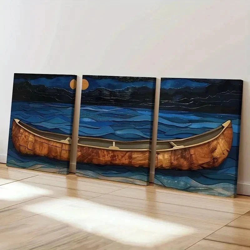 3pcs Vintage Moonlit Canoe & Ocean Waves Wall Art Set Canvas Framed 50x70cm - High Quality Print 100% Australian Made Wall Canvas Ready to Hang