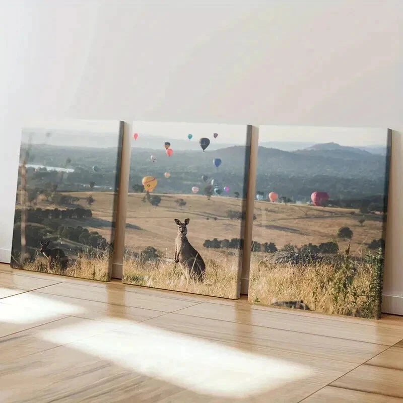 3pcs Kangaroo Hot Air Balloon Decoration Wall Art Set Canvas Framed 40x60cm - High Quality Print 100% Australian Made Wall Canvas Ready to Hang - Bella Home Decor