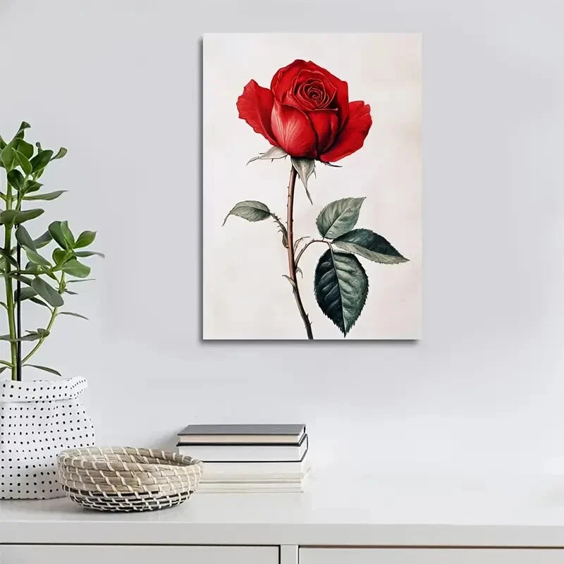 Beautiful Vibrant Red Rose with Green Leaves Painting 40x60cm Metal Print Ready to Hang - Bella Home Decor