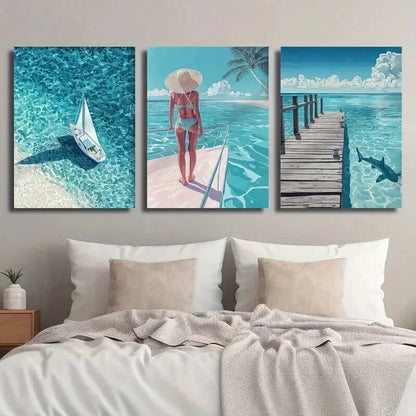 3pcs Beach & Serene Ocean Scene with Sailboat Wall Art Set Canvas Framed 60x90cm - High Quality Print 100% Australian Made Wall Canvas Ready to Hang