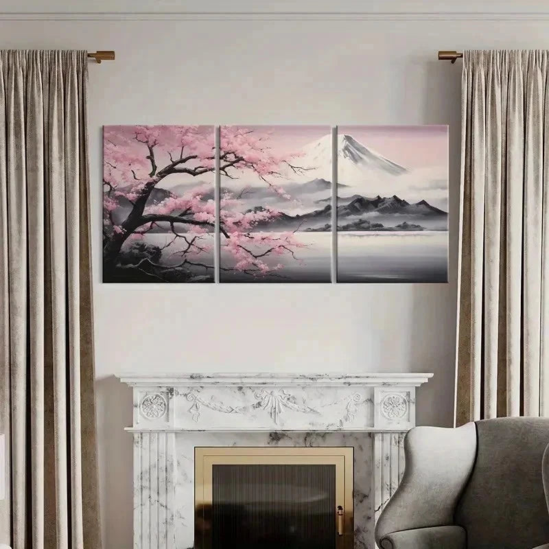 3pcs Sakura Blossoms & Snow Capped Mountain Wall Art Set Canvas Framed 60x90cm - High Quality Print 100% Australian Made Wall Canvas Ready to Hang