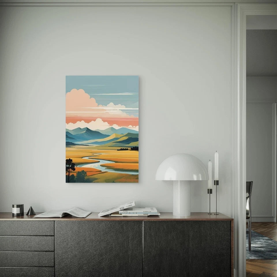 River Landscape with Rolling Hills 60x90cm Metal Print Ready to Hang