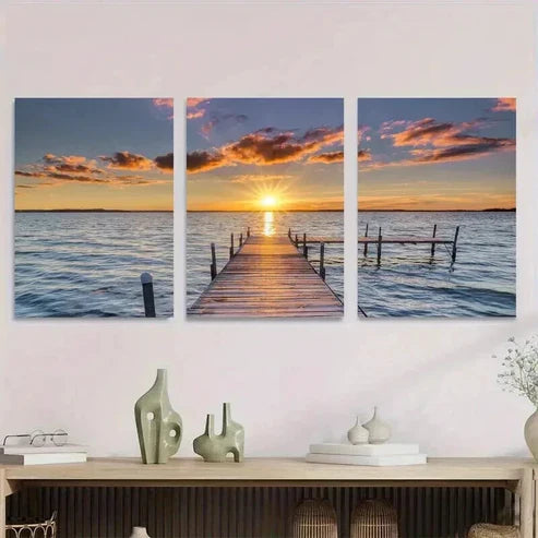 3pcs Sunset Dock Paintings Sky Wall Art Set Canvas Unframed - High Quality Print 100% Australian Made Wall Canvas
