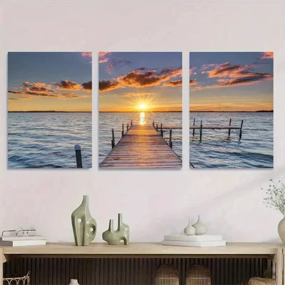 3pcs Sunset Dock Paintings Sky Wall Art Set Canvas Unframed - High Quality Print 100% Australian Made Wall Canvas