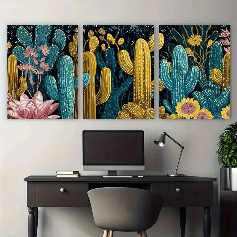3pcs Disco Cactus Retro Funky Seamless Perfect Wall Art Set Canvas Framed 50x70cm - High Quality Print 100% Australian Made Wall Canvas Ready to Hang - Bella Home Decor