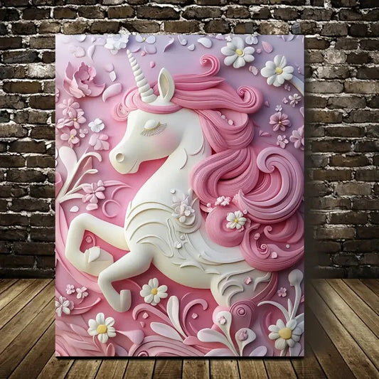 Cute Unicorn Heart Blossoms Painting 40x60cm Metal Print Ready to Hang - Bella Home Decor