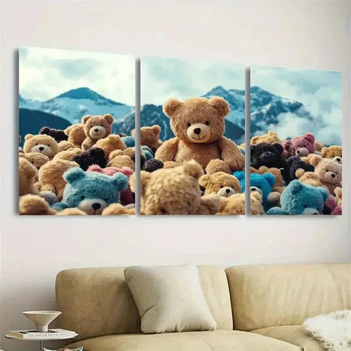 3pcs Teddy Bear Mountain Wall Art Set Canvas Unframed - High Quality Print 100% Australian Made Wall Canvas - Bella Home Decor