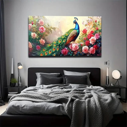 Peacock in Blooming Roses Wall Art Canvas Office Home Room Framed 120x60cm - Bella Home Decor