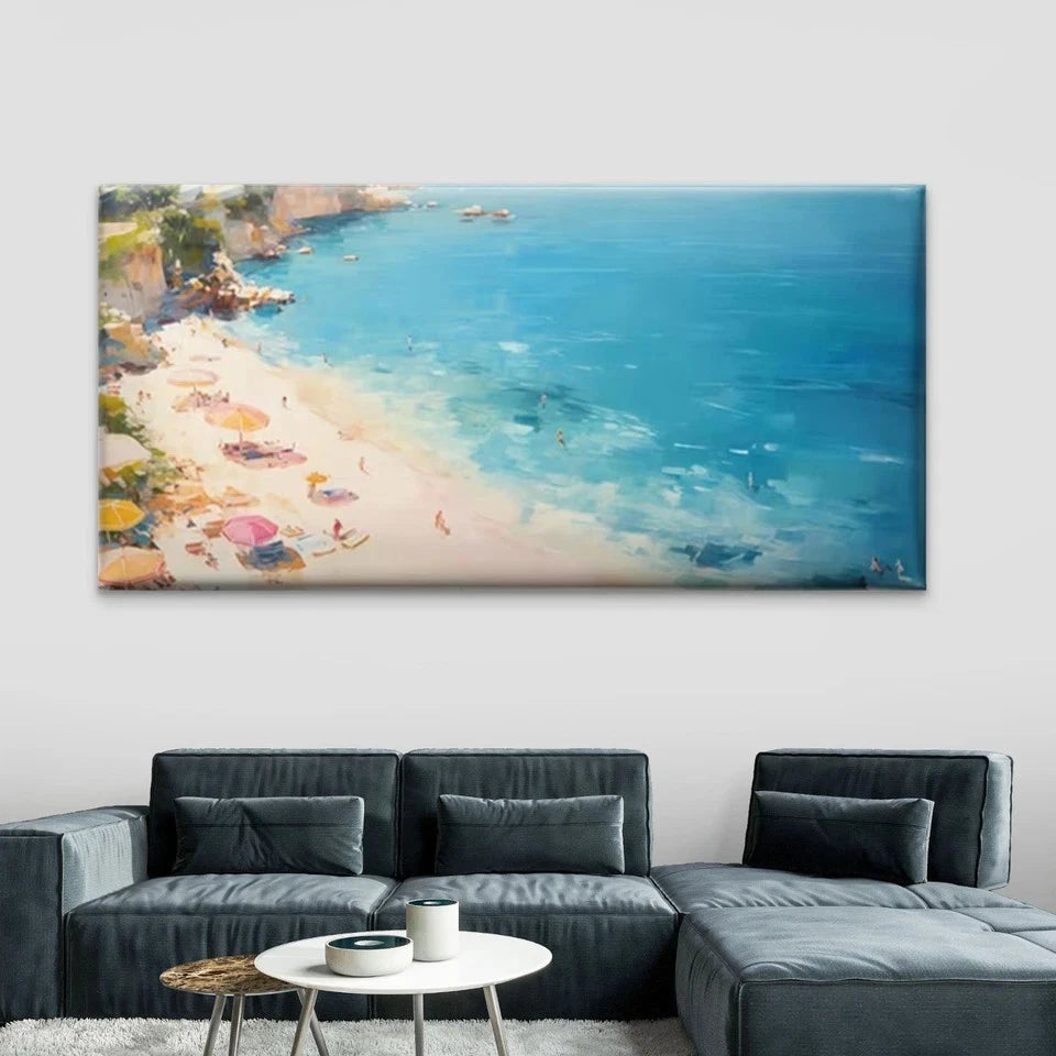 Golden Tropical Beach &Umbrella Wall Art Canvas Office Home Room Framed 120x60cm