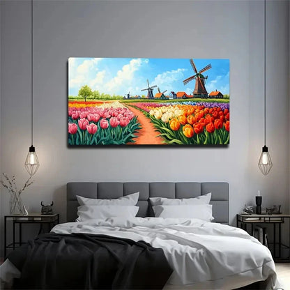 Vibrant Tulips & Dutch Windmill Wall Art Canvas Office Home Room Framed 120x60cm