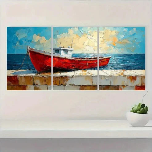 3pcs Vibrant Impasto Seascape with Red Boat F Wall Art Set Canvas Unframed - High Quality Print 100% Australian Made Wall Canvas