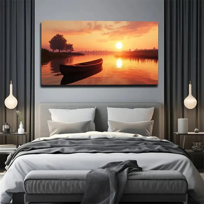 Serene Sunset Boat Scene Grass Wall Art Canvas Office Home Room Framed 120x60cm - Bella Home Decor
