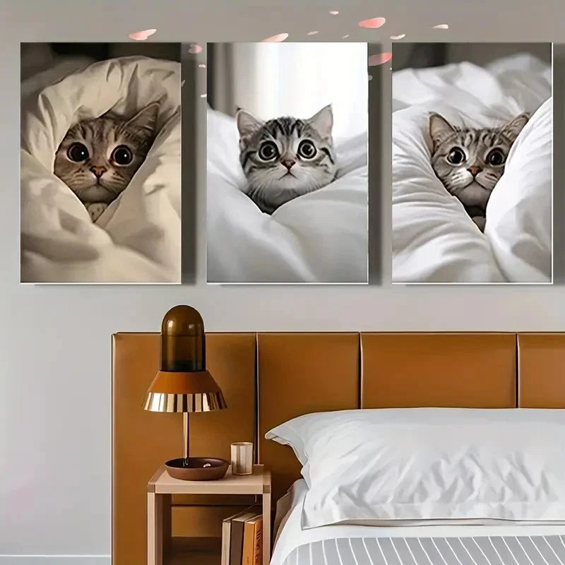 3pcs  Peeking Cats in Cozy Blankets CC    Wall Art Canvas Framed 40x60cm - High Quality Print 100% Australian Made Wall Canvas Ready to Hang - Bella Home Decor