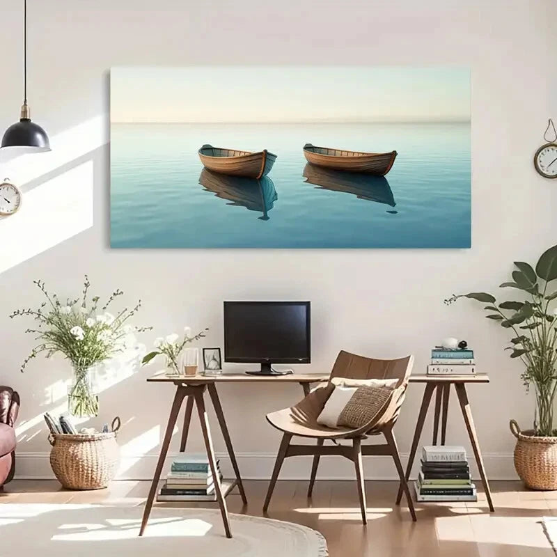 Serene Boat Reflection Calm Wall Art Canvas Office Home Room Framed 120x60cm - Bella Home Decor