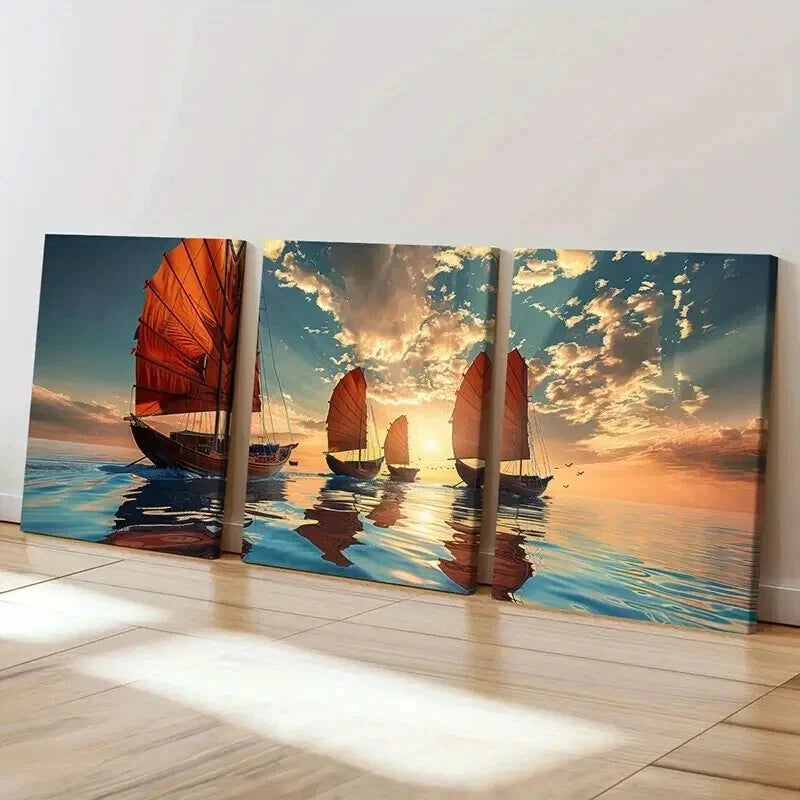 3pcs Sailing Ships Sunset Sky Calm Ocean Wall Art Set Canvas Framed 60x90cm - High Quality Print 100% Australian Made Wall Canvas Ready to Hang - Bella Home Decor