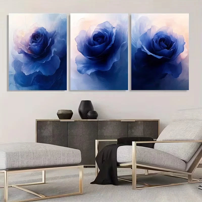 3pcs Blue Rose Elegant Floral Decoration    Wall Art Set Canvas Framed 50x70cm - High Quality Print 100% Australian Made Wall Canvas Ready to Hang - Bella Home Decor