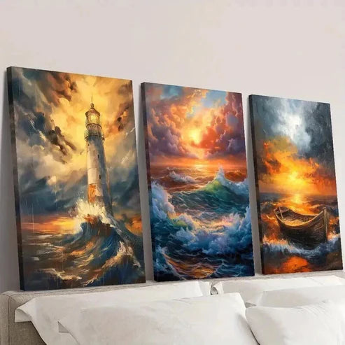 3pcs Lighthouse Landscape & Boat Portrait  Wall Art Set Canvas Unframed - High Quality Print 100% Australian Made Wall Canvas