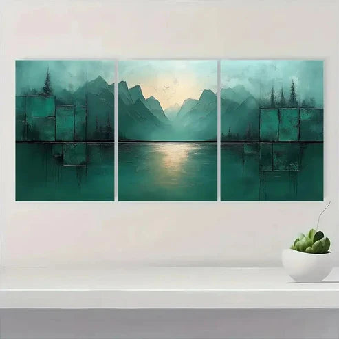 3pcs Grey & Green Textured Mountain & Lake Wall Art Set Canvas - High Quality Print 100% Australian Made Wall Canvas