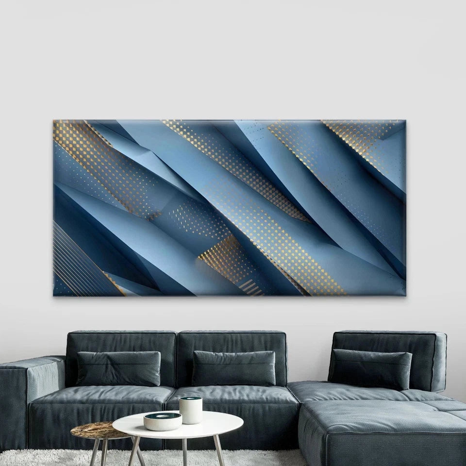 Blue Gold Geometric Wall Art Canvas Office Home Room Framed 120x60cm