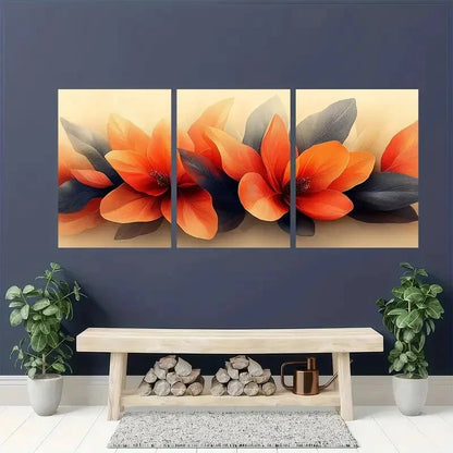 3pcs Vibrant Orange Abstract Floral Metal Print Ready to Hang Art - Bella Home Decor