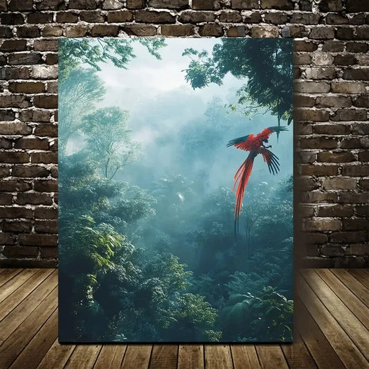 Enchanted Forest Scene with Red Bird Swinging  40x60cm Metal Print Ready to Hang