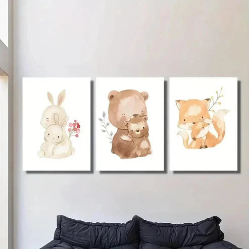 3pcs Adorable Rabbit Bunny & Bear Families Wall Art Canvas Unframed - High Quality Print 100% Australian Made Wall Canvas