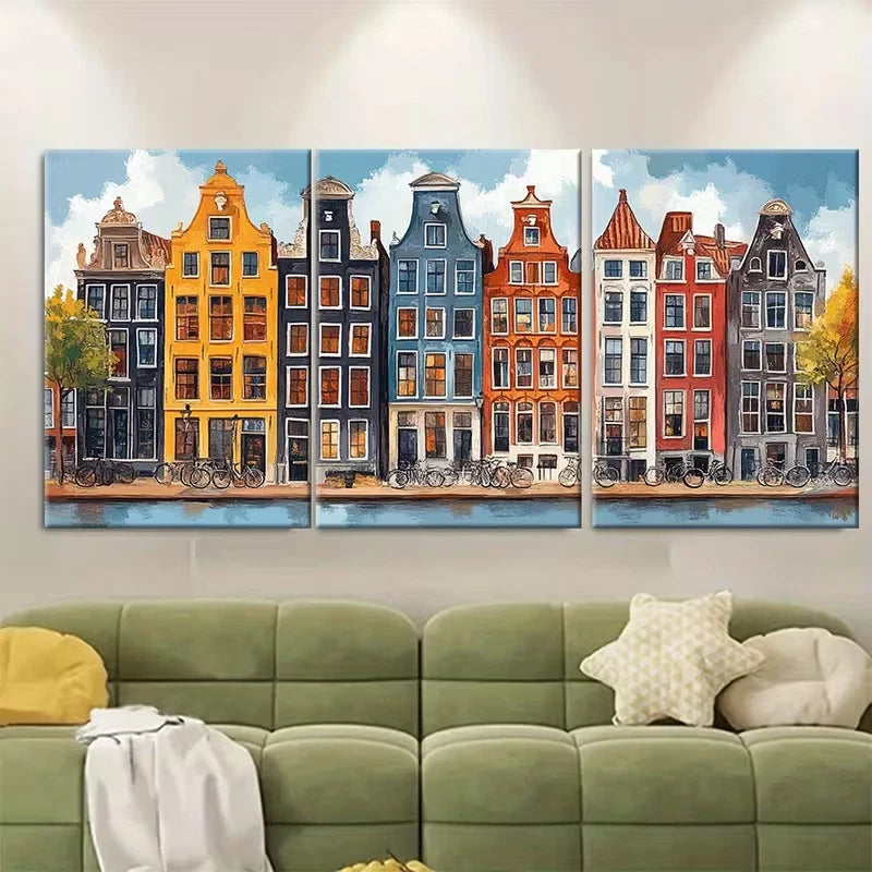 3pcs Amsterdam Canal Houses Metal Print Ready to Hang Art