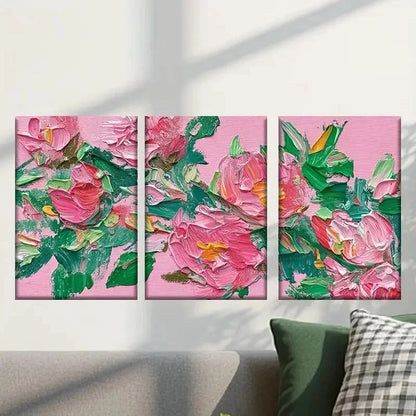 3pcs Vibrant Pink Flowers and Green Leaves Wall Art Set Canvas Framed 50x70cm - High Quality Print 100% Australian Made Wall Canvas Ready to Hang