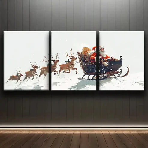 3pcs Santa Claus & Reindeer Sleigh White Snow Wall Art Set Canvas Unframed - High Quality Print 100% Australian Made Wall Canvas