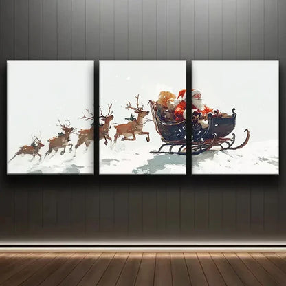 3pcs Santa Claus & Reindeer Sleigh White Snow Wall Art Set Canvas Unframed - High Quality Print 100% Australian Made Wall Canvas