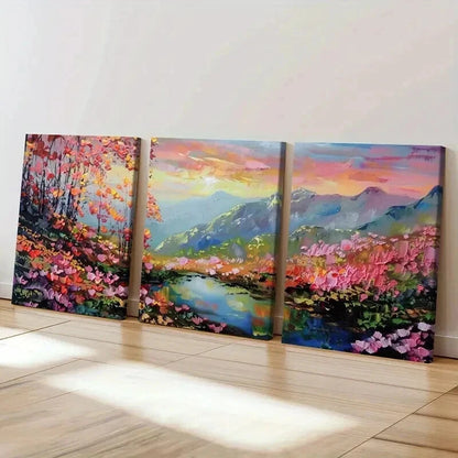 3pcs Mountain Landscape Colorful Trees Serene Wall Art Set Canvas Framed 40x60cm - High Quality Print 100% Australian Made Wall Canvas Ready to Hang - Bella Home Decor