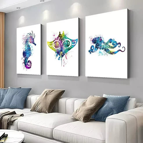3pcs Whale Sea Horse Octopus Fish Watercolor Canvas Unframed - High Quality Print 100% Australian Made Wall Canvas