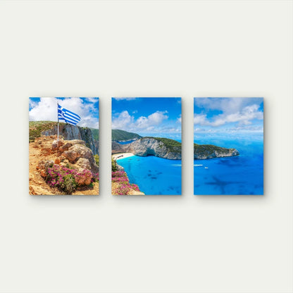 3pcs Greek Flag Flying Above Navagio Bay Wall Art Set Canvas Framed 40x60cm - High Quality Print 100% Australian Made Wall Canvas Ready to Hang - Bella Home Decor
