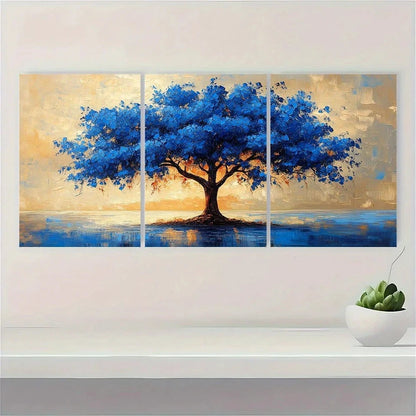 3pcs Lakeside blue tree Modern Abstract Painting Wall Art Set Canvas Framed 50x70cm - High Quality Print 100% Australian Made Wall Canvas Ready to Hang