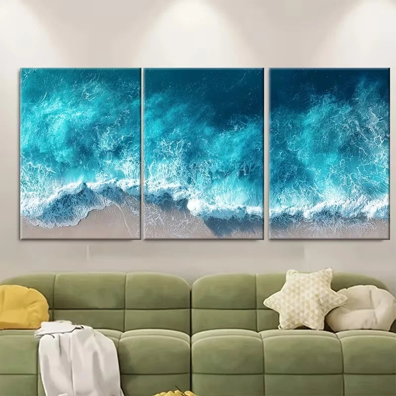 3pcs Aerial Ocean Waves Metal Print Ready to Hang Art - Bella Home Decor