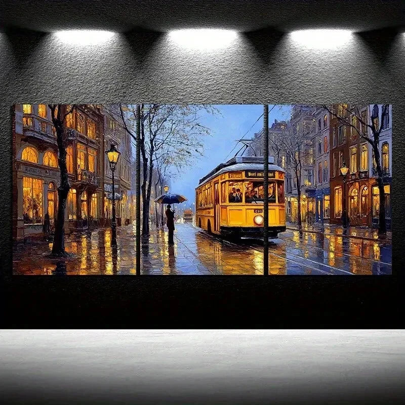 3pcs Rainy Street Golden Themed Wall Art Set Canvas Framed 40x60cm – High Quality Print 100% Australian Made Wall Canvas Ready to Hang - Bella Home Decor