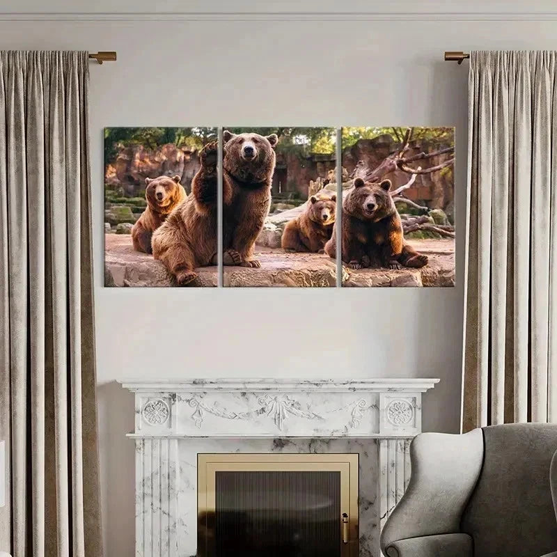 3pcs Zoo Art Cute Brown Bear Decoration Wall Art Set Canvas Framed 50x70cm - High Quality Print 100% Australian Made Wall Canvas Ready to Hang