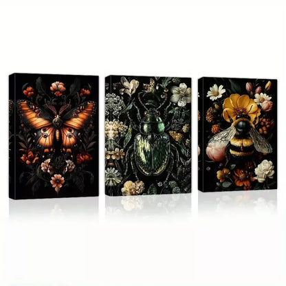 3pcs Gothic Insects And Plants with Florals Wall Art Set Canvas Framed 50x70cm - High Quality Print 100% Australian Made Wall Canvas Ready to Hang