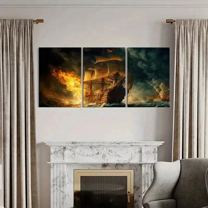 3pcs Pirate Ship On Fire in the Sea Wall Art Set Canvas Framed 50x70cm - High Quality Print 100% Australian Made Wall Canvas Ready to Hang - Bella Home Decor