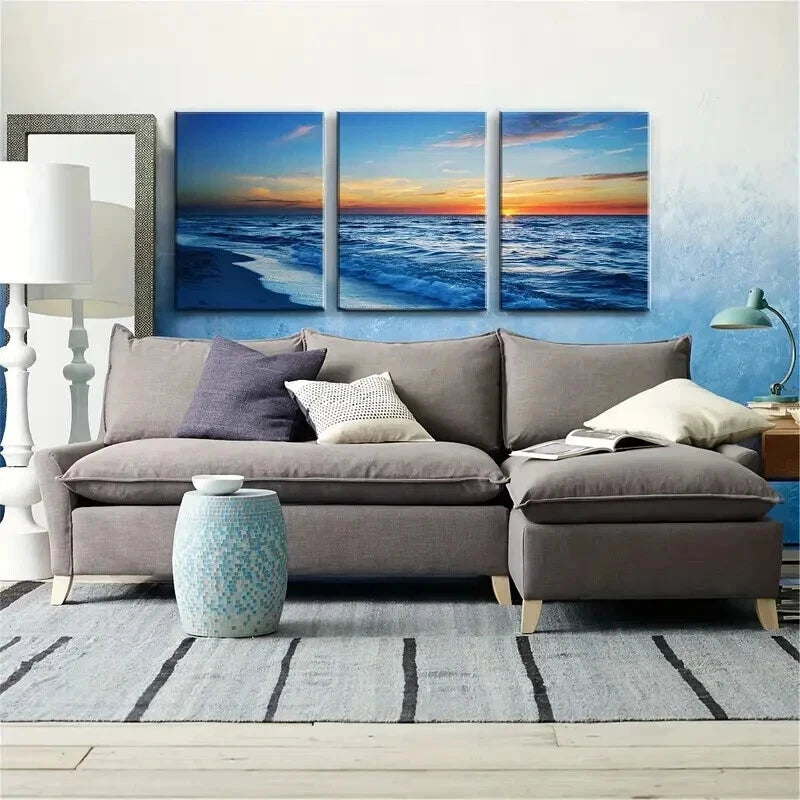 3pcs Vibrant Blue Ocean & Sky Wall Décor Perfect Wall Art Set Canvas Framed 60x90cm - High Quality Print 100% Australian Made Wall Canvas Ready to Hang - Bella Home Decor