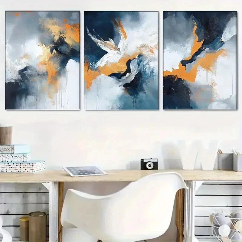 3pcs Blue White And Golden Fluid Paintings Wall Art Set Canvas Framed 60x90cm - High Quality Print 100% Australian Made Wall Canvas Ready to Hang - Bella Home Decor