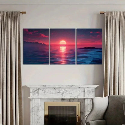 3pcs Sunset Horizon Sea Ocean Vintage Wall Art Set Canvas Framed 50x70cm - High Quality Print 100% Australian Made Wall Canvas Ready to Hang