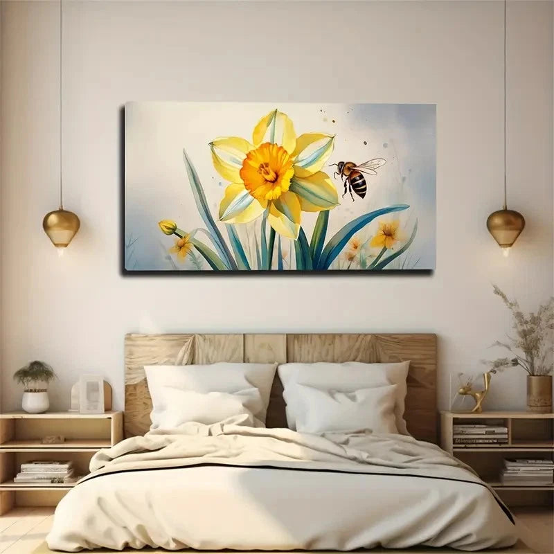 Mysterious Yellow Flowers Bee Wall Art Canvas Office Home Room Framed 120x60cm