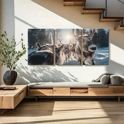 3pcs Sleigh Snow Scene Reindeer Animal Wall Art Set Canvas Framed 50x70cm - High Quality Print 100% Australian Made Wall Canvas Ready to Hang - Bella Home Decor